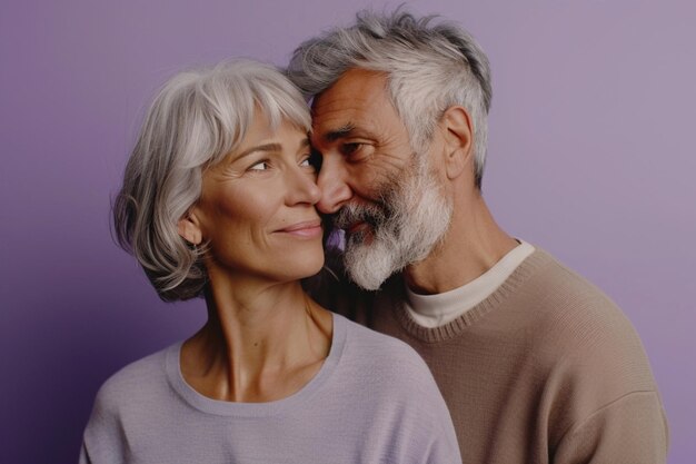 Photo horizontal shot of mixed race couple stand closely to each other isolated over background