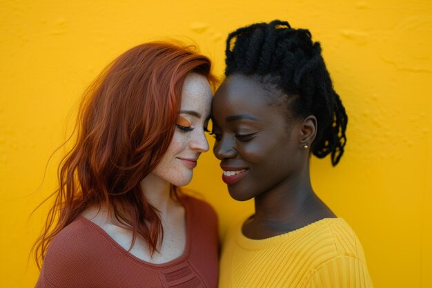 Horizontal shot of mixed race couple stand closely to each other isolated over background