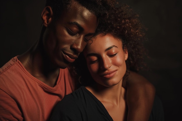 Photo horizontal shot of mixed race couple stand closely to each other isolated over background