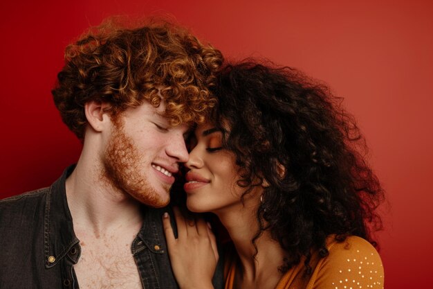 Photo horizontal shot of mixed race couple stand closely to each other isolated over background