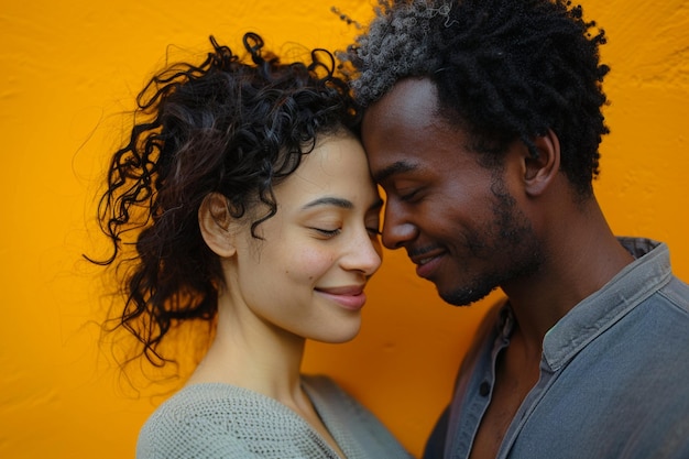 Photo horizontal shot of mixed race couple stand closely to each other isolated over background