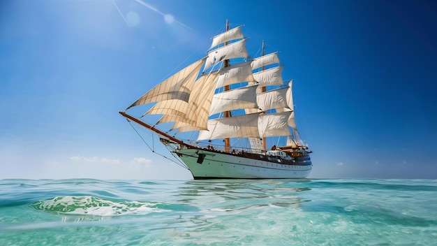 昼間,美しい澄んだ水面で航海する高い船の水平写真