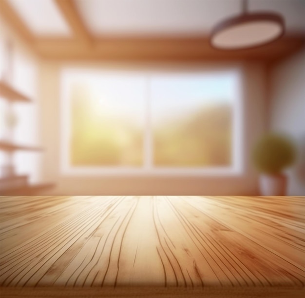Inquadratura orizzontale di un tavolo in legno per l'inserimento di prodotti e pubblicità di prodotti in cucina illustrata in 3d
