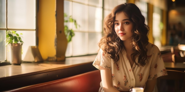 日本のレトロスタイルカフェの若い女性の水平ショット