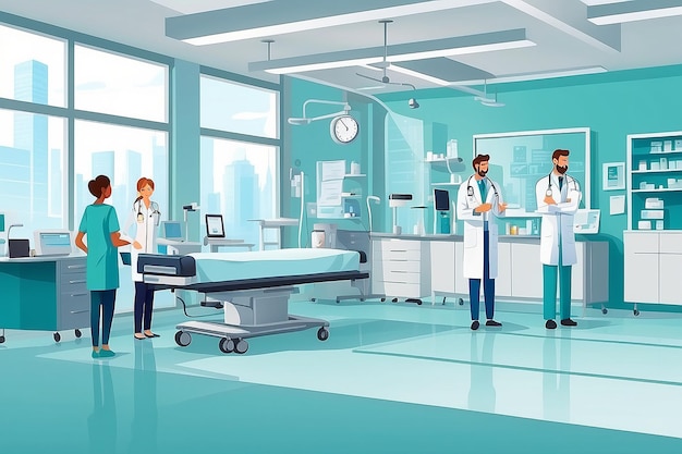Photo horizontal vector banner with doctors and hospital interiors medicine concept patients passing medical check up flat cartoon illustration