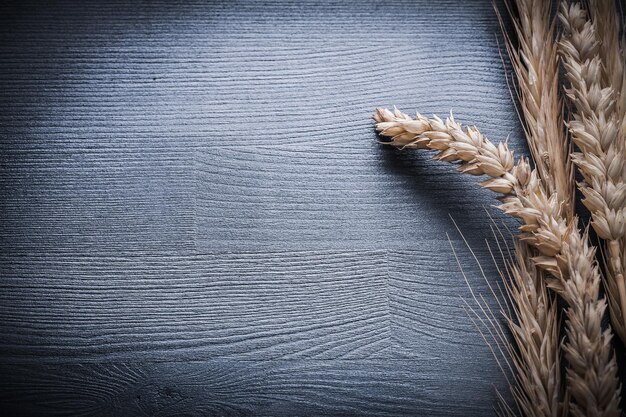 Horizontal view ears of wheat on wooden board