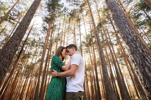 写真 自然の中で休日にハイキングする若いカップルの水平方向のビュー。森の中で日没にキスする愛するカップルのパノラマビュー。田舎の旅行と人々の概念。