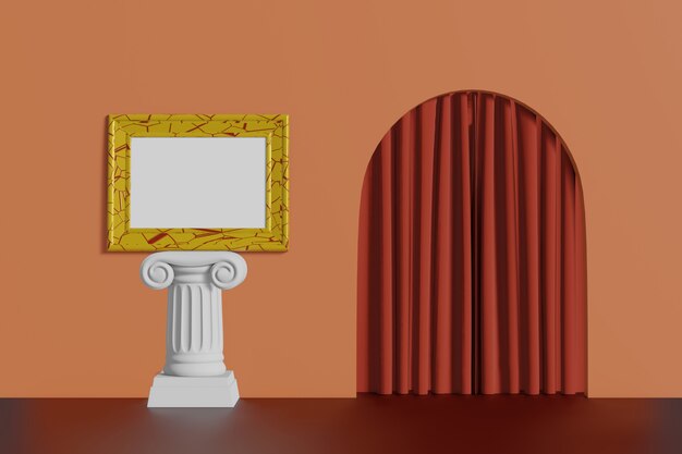 Foto supporto d'annata orizzontale di colore dell'oro della cornice del modello su una colonna su un fondo della parete di corallo. interno multicolore astratto del fumetto con l'arco. rendering 3d