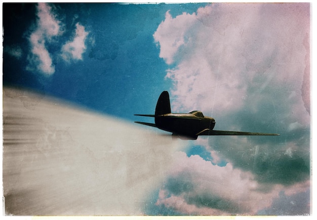 Horizontal vivid vintage combat pursuit plane dusty postcard background backdrop