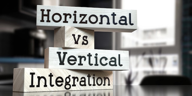 Horizontal vs vertical integration words on wooden blocks 3D illustration