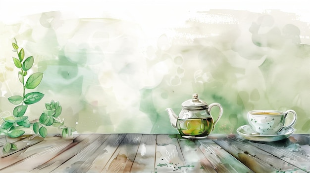 Horizontal watercolor background with tea set and floral copy space empty text space