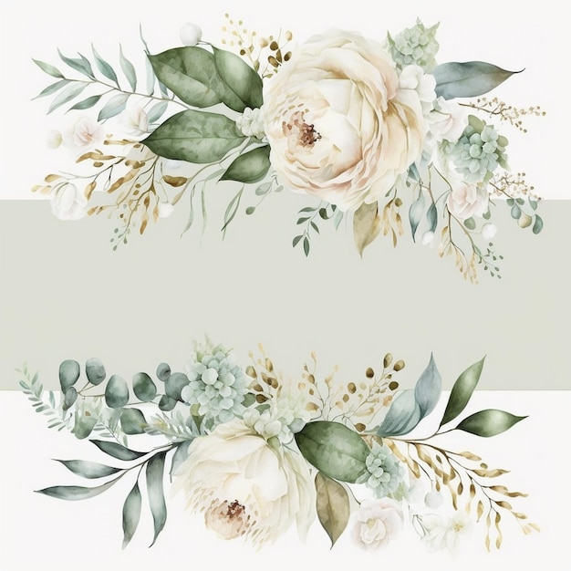 Foto un bordo floreale acquerello orizzontale con fiori verdi e bianchi.
