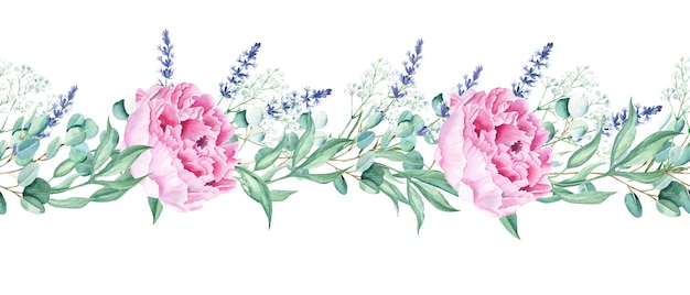 Horizontal watercolor floral seamless border pattern pink peonies eucalyptus lavender gypsophila