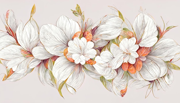 Horizontal white banner or floral backdrop decorated with gorgeous multicolored blooming flowers Generative Ai