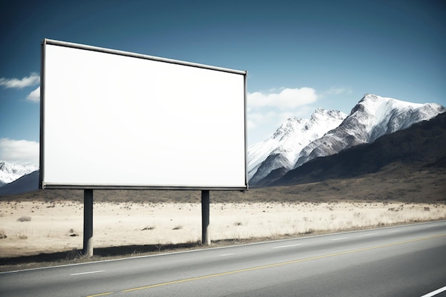 Horizontal white billboard mockup Poster on street next to roadway blue sky