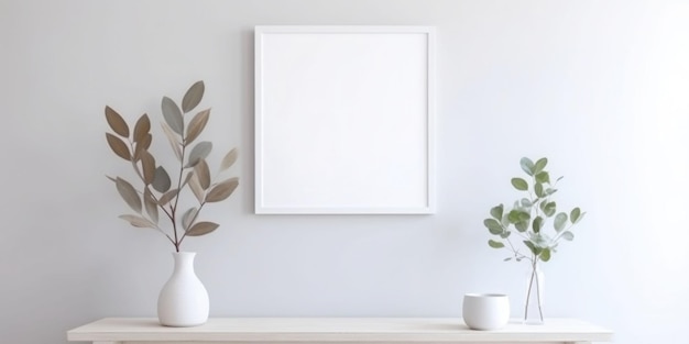 Horizontal white frame mockup on wooden table with ceramic vase and dry plants Scandinavian interior Generative AI illustration