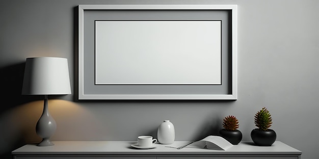 Horizontal white poster frame mockup on the modern clean white desk concept Generative AI