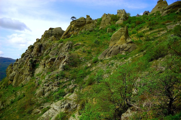 Horizontale achtergrond met een prachtig landschap van het Krim-schiereiland Bovenaanzicht van de bergen bedekt met weelderig groen en de dikke wolken onder de toppen Heldere blauwe lucht Ruimte kopiëren