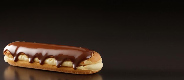 Foto horizontale banner klassieke eclair gegoten met chocolade op een donkere achtergrond ruimte voor tekst