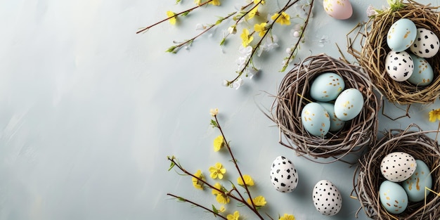 Foto horizontale banner met een nest waarin er eieren en vrije ruimte voor uw tekst lente ontwerp