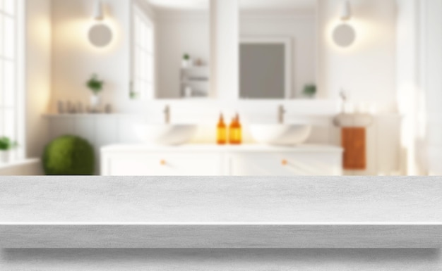 Horizontale foto van een marmeren tafelblad met een wazige achtergrond van een modern eigentijds interieur