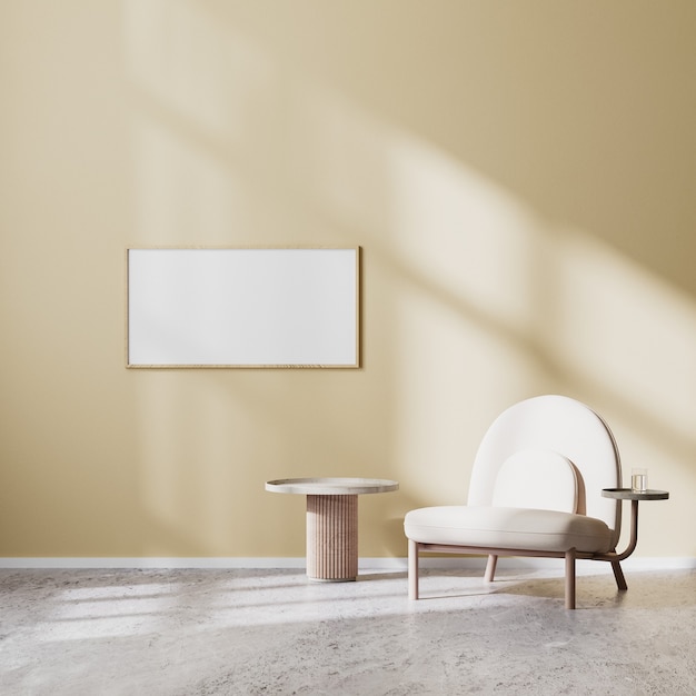 Horizontale frame mock up in moderne woonkamer interieur met beige fauteuil en salontafel met beige muur en betonnen vloer, scandinavische stijl, 3D-rendering