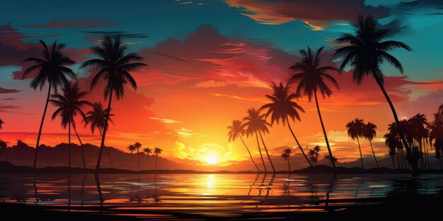 Horizontale illustratie van een zonsondergang op een paradijs eiland Generatieve AI