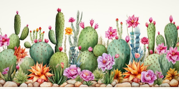 Horizontale opname van bloeiende cactussen op een witte achtergrond Aquarel generatieve AI