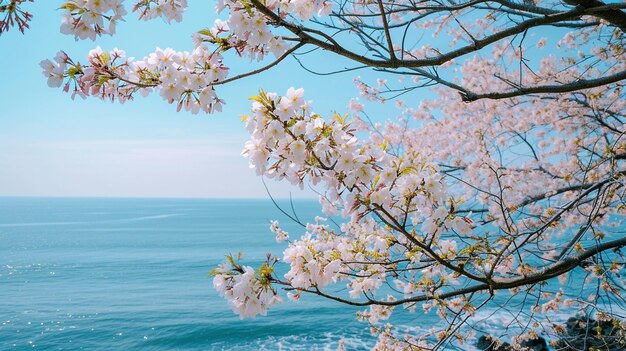 Horizontale opname van Sakura bloesems in bloei op een achtergrond van de zee Generative Ai