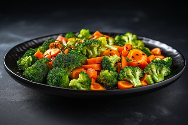 Horizontale weergave van een gezonde maaltijd met broccoli en wortels op een zwart bord op een grijze tafel