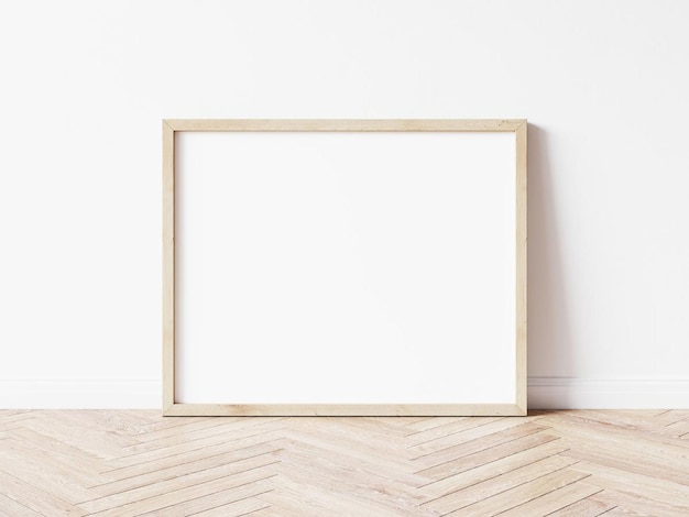 Photo horizontall wood frame mock up wooden frame poster on wooden floor with white wall landscape