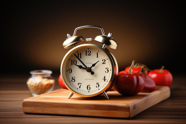 Horloge en groenten harmonie Intermitterend vasten concept gesymboliseerd door een wekker op een plantaardige achtergrond die de afstemming van tijd en bewust eten bevordert