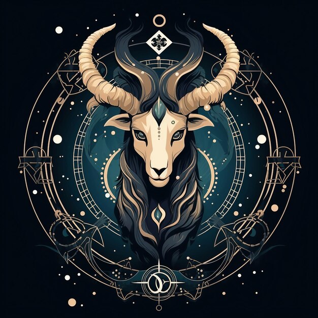 A horned animal with long horns and a geometric design