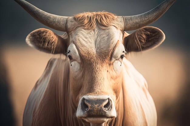 a horned beige cow in closeup