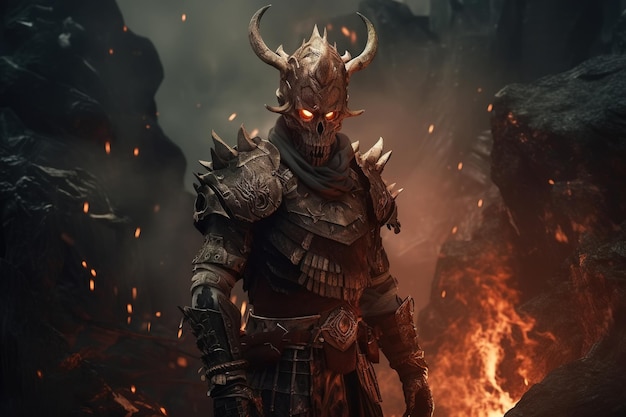 Photo horned demon warrior with burning eyes in bone armor standing in fire apocalypse hell dark fantasy illustration generative ai