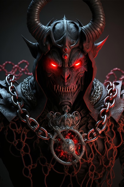 Рогатый демон с цепями в доспехах со светящимися глазами, использующий темную магию, одетый в черное и красное