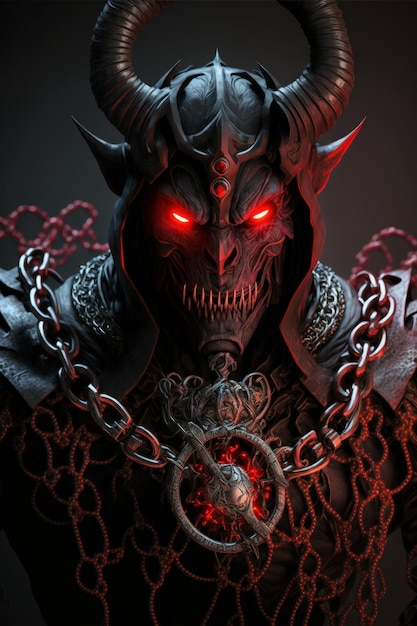 Horned demon with chains in armor with glowing eyes using dark magic dressed in black and red