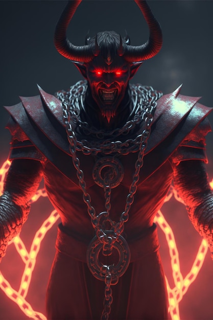Horned demon with chains in armor with glowing eyes using dark magic dressed in black and red