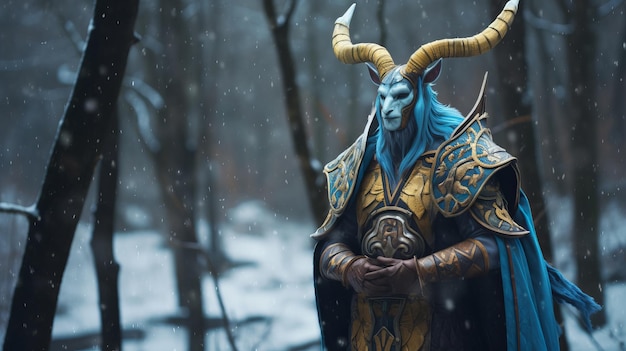 Photo horned knight in azure and gold a snowy forest fantasy