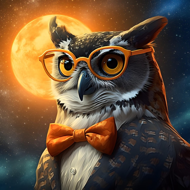 Horned owl wearing glasses and an orange bow tie with a solar eclipse in the background