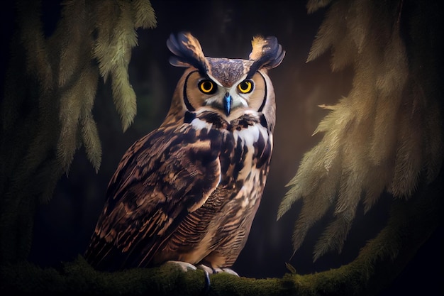 A horned owl with a big yellow eye sits on a branch