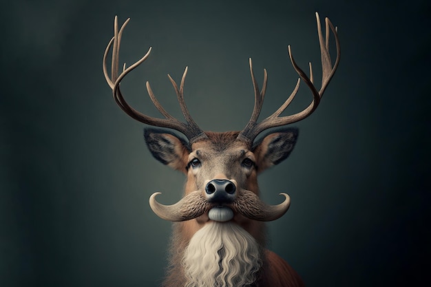 Horned sir deer wearing formal suit on dark colored background Generative AI