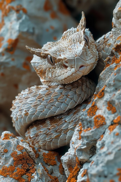 A horned viper camouflaged among the stones waiting patiently for its next meal