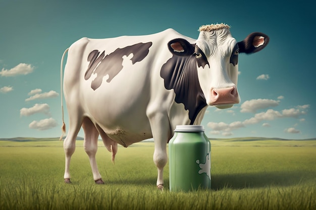 Hornless cow in the pasture with a can of milk Generative AI