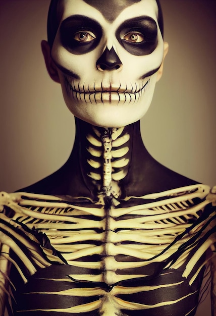 悪夢のような化粧をした恐ろしい古代の骸骨。