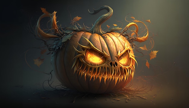A horrible halloween pumpkin in forest