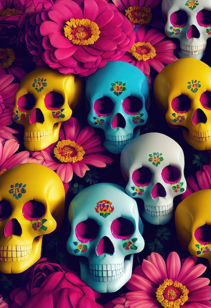 Horrible multicolored skulls with beautiful makeup