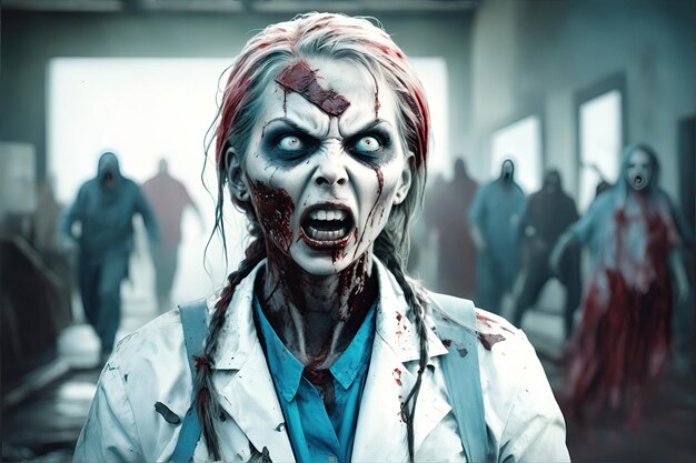 horrible Scary zombie with bloody face Zombie apocalypse horde scene