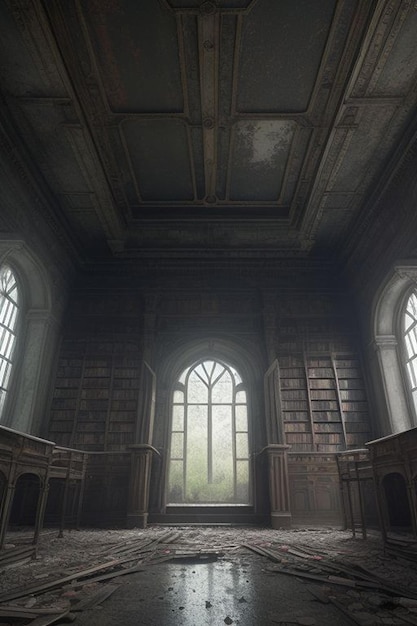 a horrible scene of a rusted and haunted old book library at abondoned place