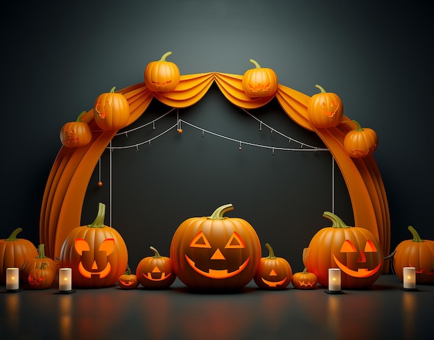 3D сцена ужасов на Хэллоуин с тыквой на постаменте, кладбище, свечами и летучими мышами Ai Generated